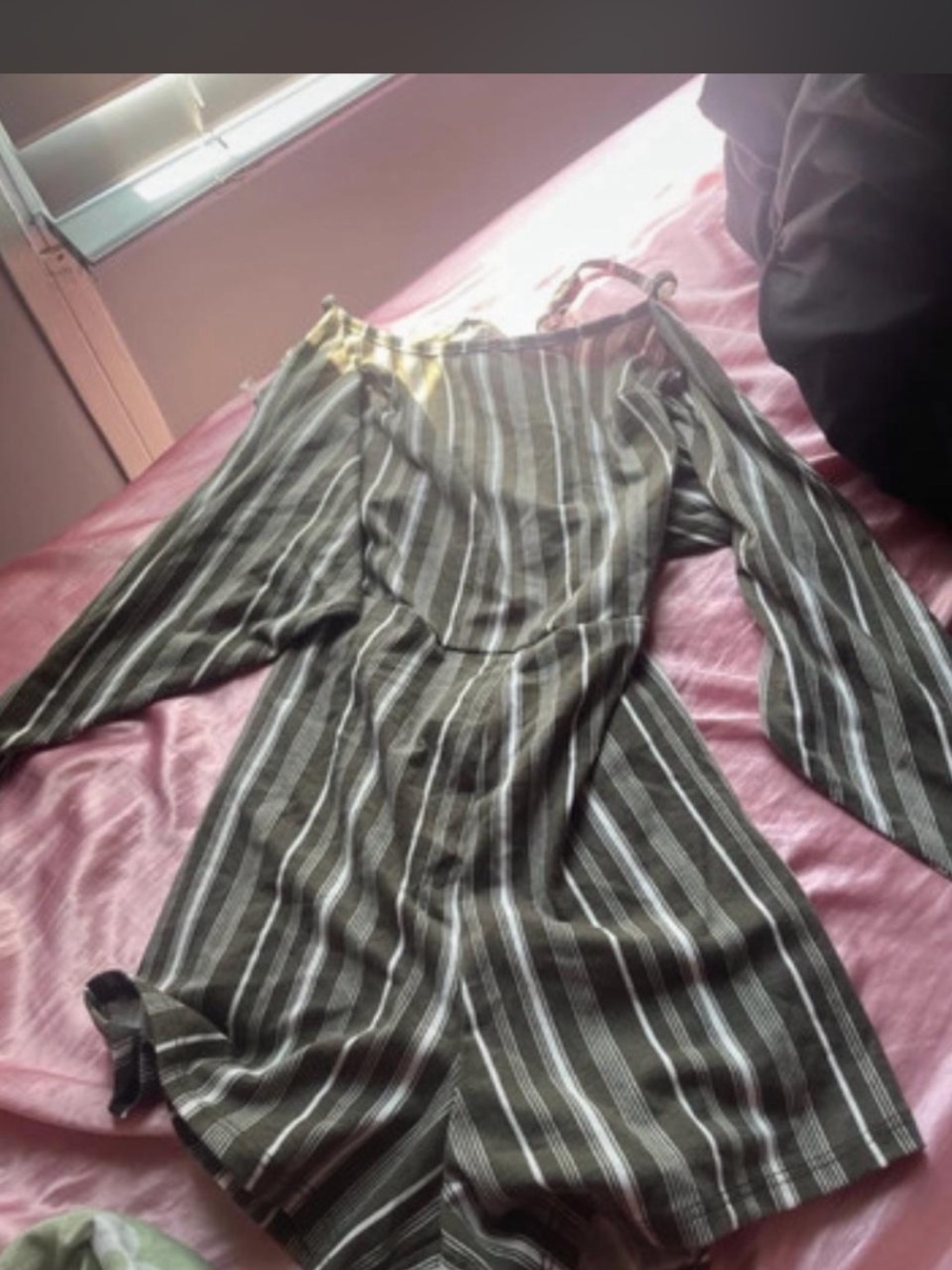 Derek Heart Olive Green & White Striped Long Sleeve Jumpsuit